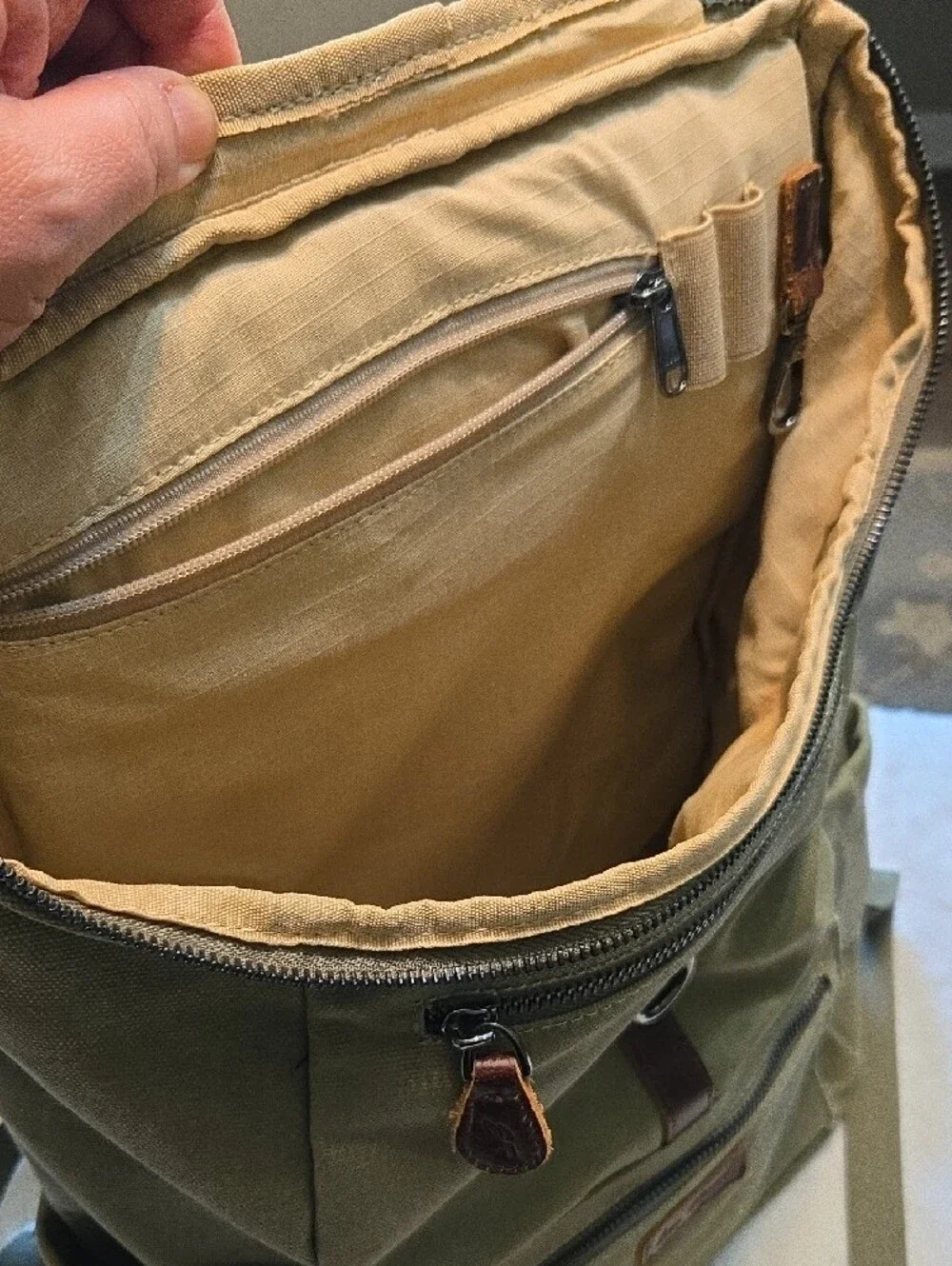 Ever Forward Green Canvas Back Pack Bag with Leather Accent